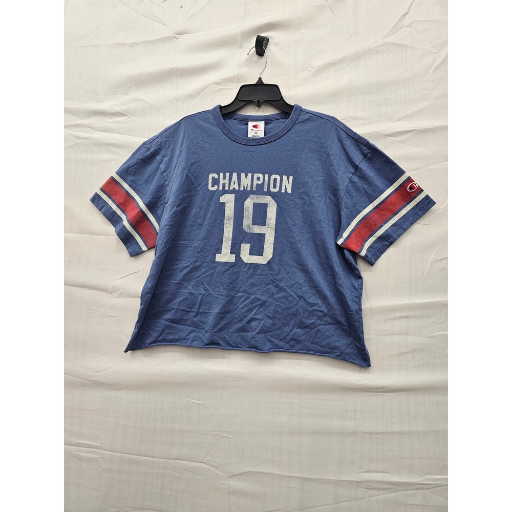 Champion Womens Distressed Cropped Tee Gray Blue Graphic T-Shirt XL CPW253TS0
